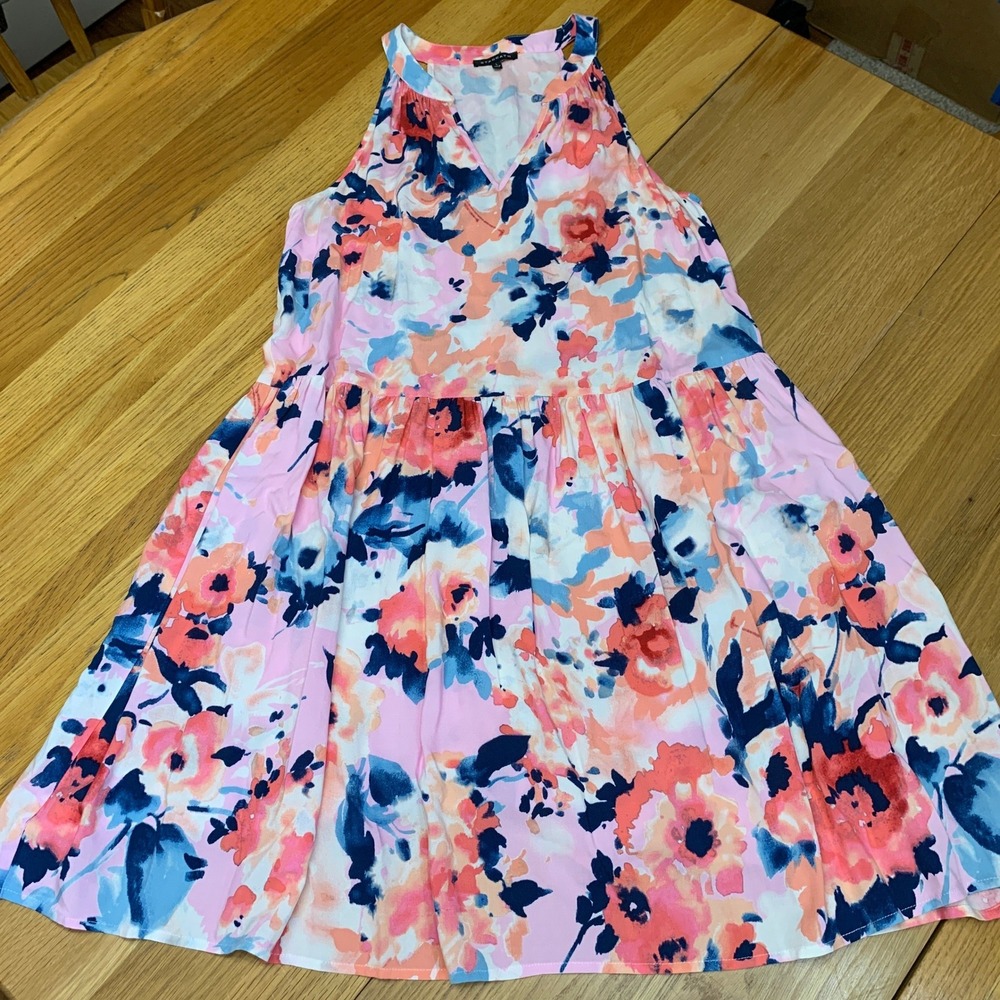 Staccato Pink Blue Floral Tiered Halter V-Neck Rayon Dress Size Large 71397A